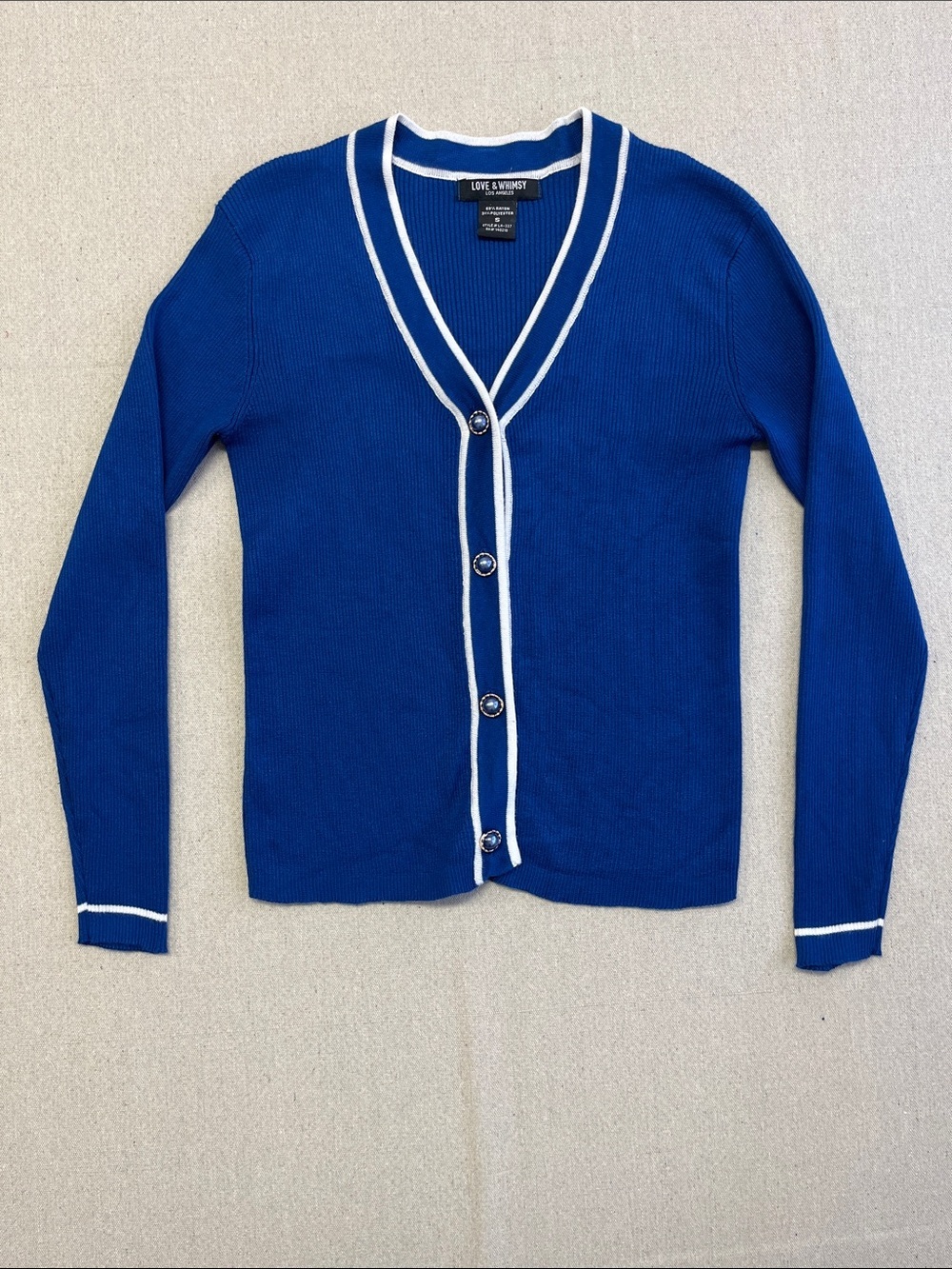 Love & Whimsy Blue Ribbed Cardigan Sweater White Trim Women’s Small